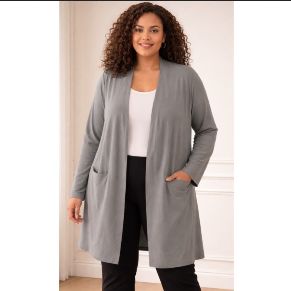 Eileen Fisher Gray Open Front Cardigan Jacket 1X Lightweight Stretch Minimalist